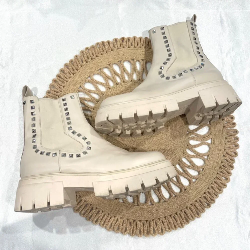 Ash Lenny Studded Leather Chelsea Boots Ivory Size 38